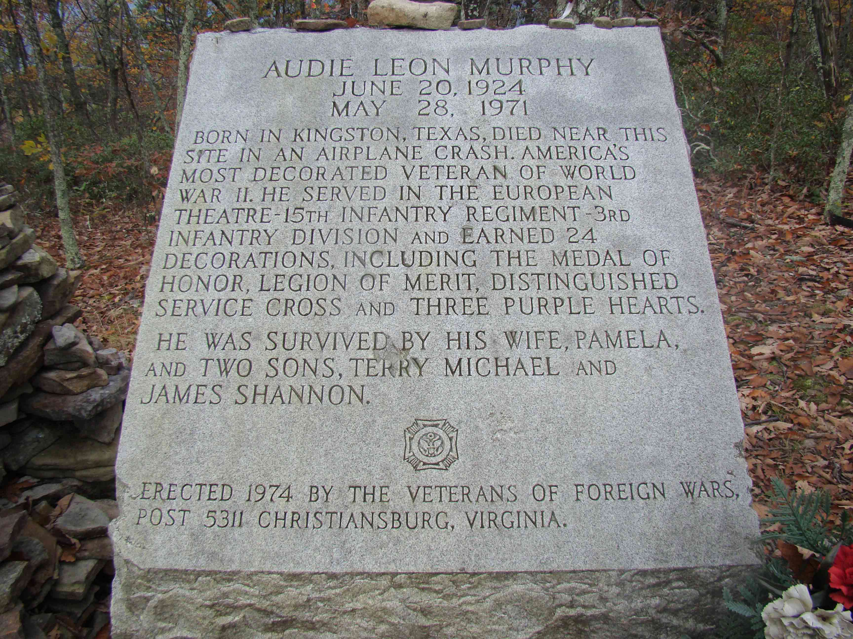Inscription on the Audie Murphy Monument at mile 11.7  Courtesy
ideanna656@aol.com