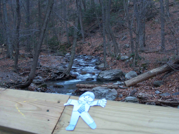 Flat Stanley Rohland on bridge over Dunnfield Creek