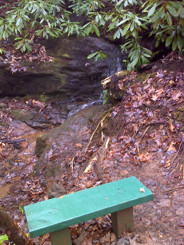 Bench at little cascade, half mile south of Dicks Creek Gap. GPS N34.9083 W83.6219  Courtesy pjwetzel@gmail.com