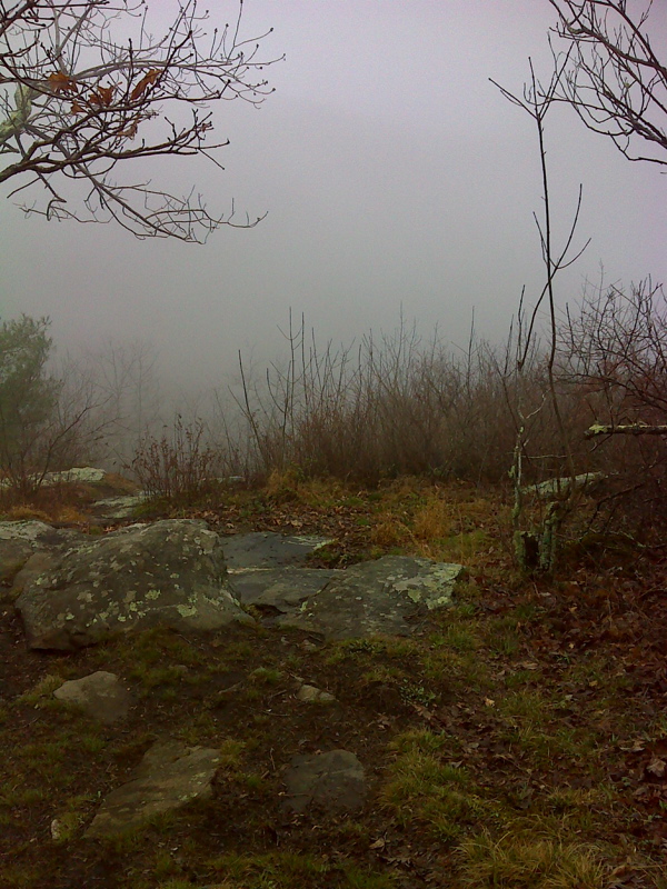 mm 2.2  Fogged-in vista, faint outline of next ridge, atop Powell Mountain. GPS N34.8925 W83.6352  Courtesy pjwetzel@gmail.com