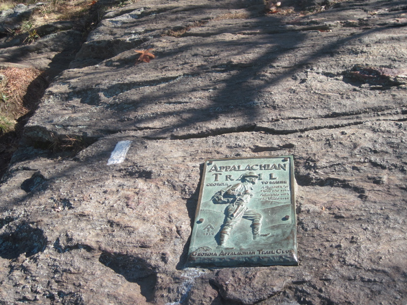 mm 8.6  Plaque on Springer Mt. Next to it is what would be the first white blaze for northbound AT thru=hikers (NOBOs) or the last one for SOBOs (southbounders).   Courtesy dlcul@conncoll.edu