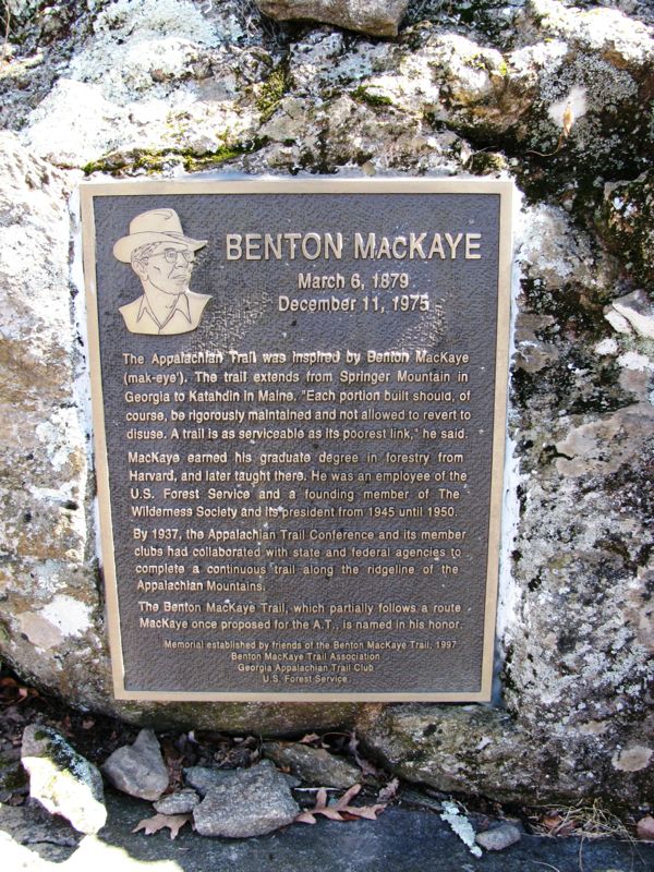 mm 8.4 The plaque honoring Benton MacKaye and the trail named in his honor. The plaque is on a rock about 0.1 miles north of the southern terminus of the Benton MacKaye Trail.  Courtesy commissar67@gmail.com
