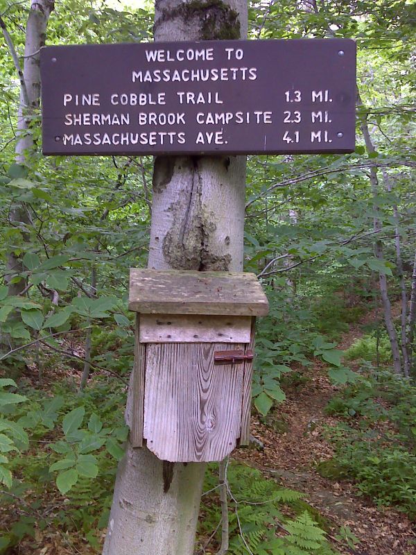 mm 0.0  Welcome to Massachusetts sign and trail register at border with Vermont. GPS N42.7437 W73.1556  Courtesy pjwetzel@gmail.com