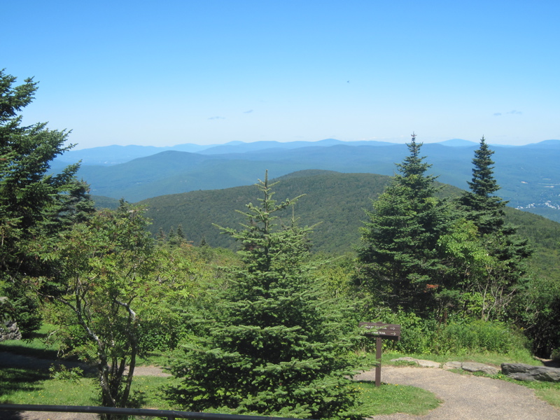 View to the north from near the point where the northbound
trail leaves the parking lot at the summit of Mt. Greylock.  The trail can
be seen on the right side of the picture.  It follows the ridge in the
foreground as far as the near peak in the  center of the photo (Mt.
Williams).    Courtesy dlcul@conncoll.edu