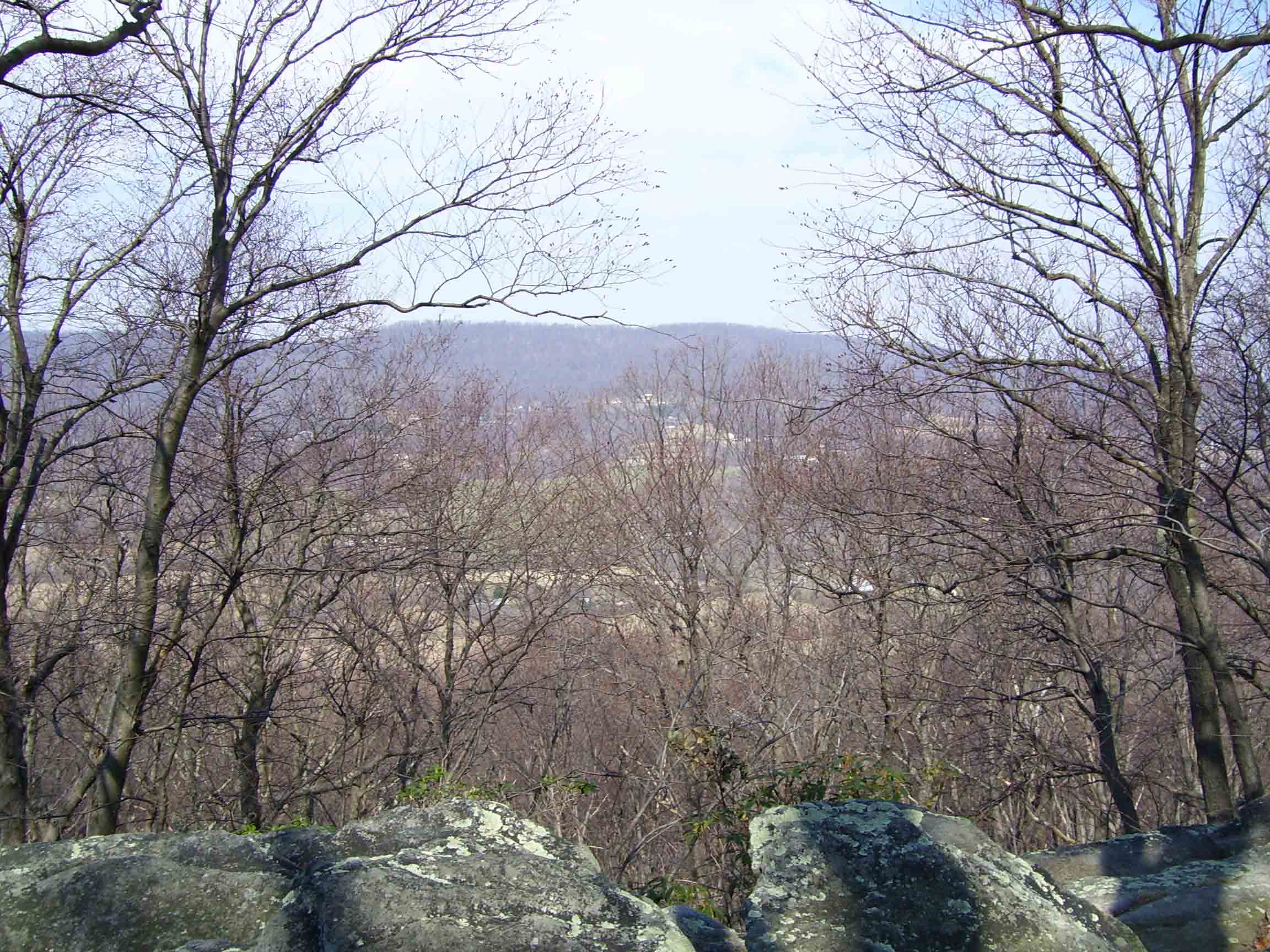 Except for the spectacular view at Weverton Cliffs, views are few in this section. The AT guide advertises a mediocre winter view west towards Pleasant Valley and Elk Ridge at mile 3.1. This was taken from that view point in March 2007.  Courtesy dlcul@conncoll.edu