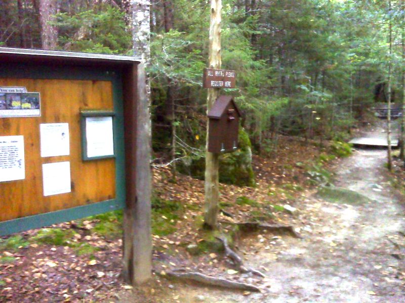 mm 5.2 Trail registration station at Katahdin Stream Campground.  Here the northbound AT begins its ascent of Katahdin via the Hunt Trail.GPS 45.8886 W68.9994  Courtesy pjwetzel@gmail.com
