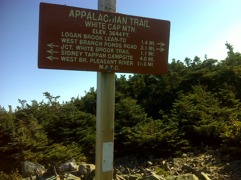 mm 32.0 Summit sign on White Cap Mt.   GPS N45.5544 W69.2462  Courtesy pjwetzel@gmail.com