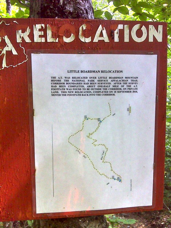 Sign for relocation on south side of Little Boardman Mt. GPS  N45.6153 W69.1629  Courtesy pjwetzel@gmail.com