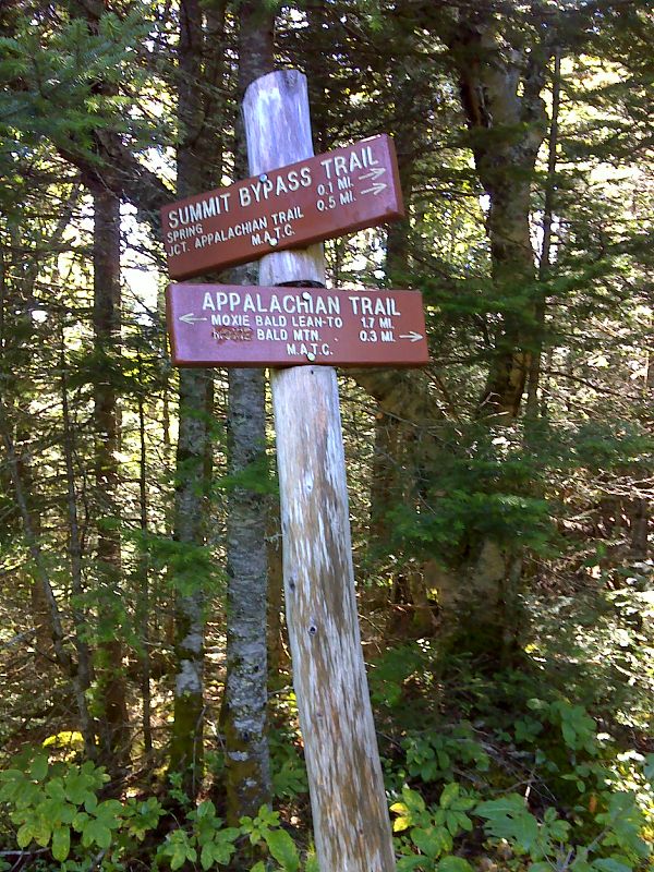 mm 19.0 North junction with by-pass trail around Moxie Bald summit. GPS N45.2648 W69.7694  Courtesy pjwetzel@gmail.com