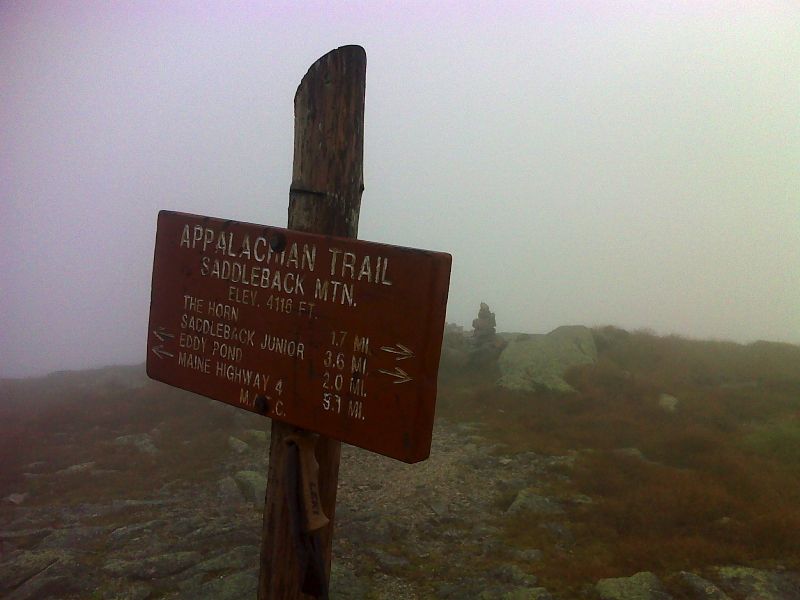 mm 26.5.  Summit of Saddleback Mt. in the fog.  GPS N44.9365 W70.5408  Courtesy pjwetzel@gmail.com
