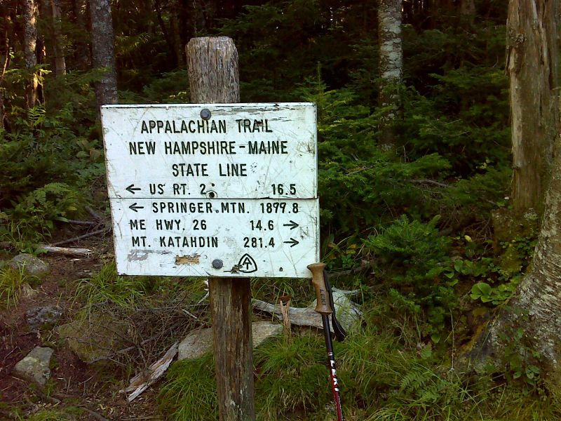 mm 0.0 Sign at New Hampshire - Maine State Line.  The distance to Springer Mt. is certainly wrong.  GPS N44.4850 W71.0215  Courtesy pjwetzel@gmail.com