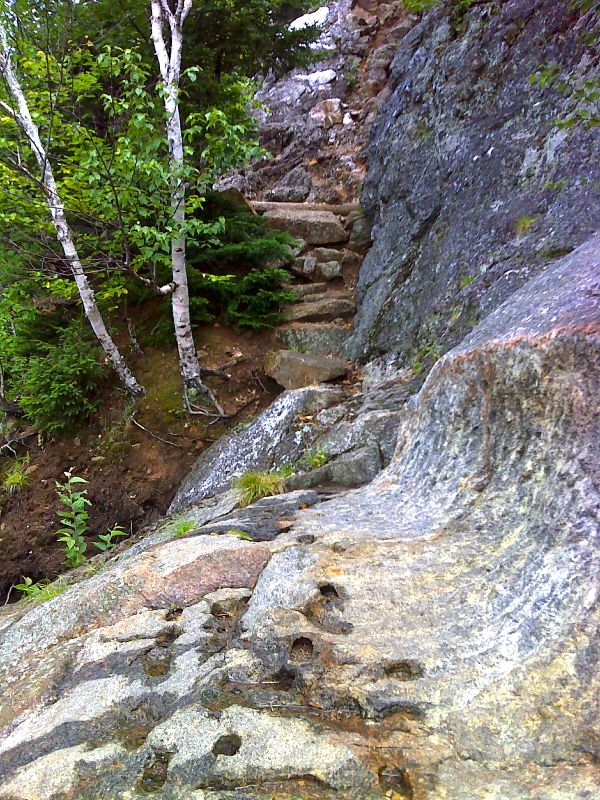 Trail carved in bedrock at the base of a steep stone chimney climb to a ledge.  This is at approx. mm 19.9.. GPS N44.2465 W71.2482  Courtesy pjwetzel@gmail.com