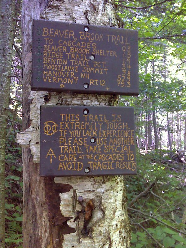 Signs on the Beaverbroook Trail section of the AT just as the southbound trail begins the ascent of Moosilauke. GPS N44.0384 W71.7955  Courtesy pjwetzel@gmail.com