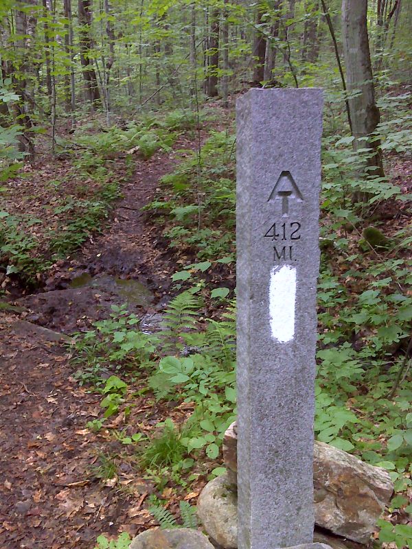Trailside granite mile marker.  The distance to Katahdin seen on the marker is no longer correct.  GPS 43.7964 W72.0761  Courtesy pjwetzel@gmail.com