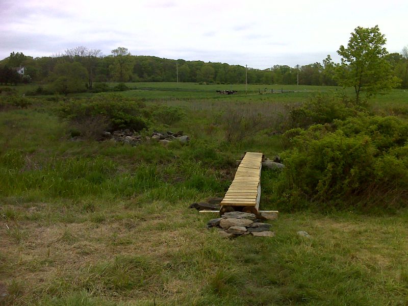 mm 5.1  Brand new footbridge across small stream in swampy area of pasture Taken in May 2012.   GPS N41.3220 W74.6185.   Courtesy pjwetzel@gmail.com