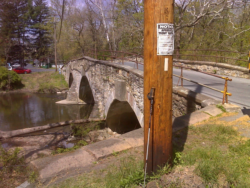 View of the west side of the stone arch bridge across the main channel of Yellow Breeches Creek.  This bridge carries Race Street (and the AT) across the creek.  GPS N40.1469 N77.1233  Courtesy pjwetzel@gmail.com