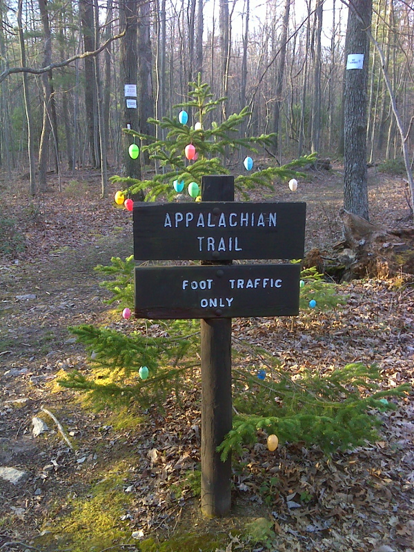 mm 17.7 The AT decorated for Easter 2012. This is at the intersection with the Locust Gap Trail.  GPS N39.9226 W77.4847  Courtesy pjwetzel@gmail.com