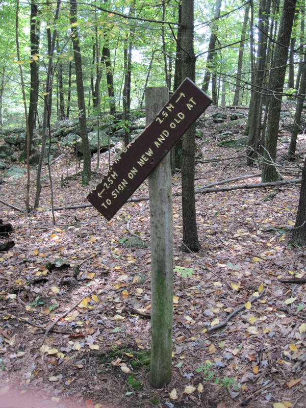 Old trail sign which apparently marked the halfway point
between PA 233 and US 30.  Taken at approx. mm 2.4  Courtesy
dlcul@conncoll.edu