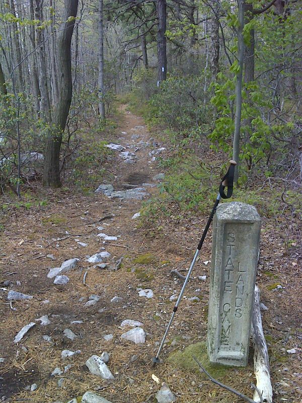 County line marker at north end of arrow straight trail section. GPS N40.7749 W75.6788  Courtesy pjwetzel@gmail.com