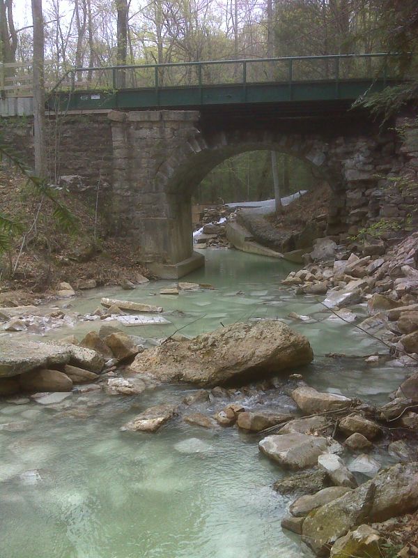 mm 5.6 Stone arch RR bridge and lime sediment from treatment, Rausch Creek. N40.4972 W 76.5982  Courtesy pjwetzel@gmail.com