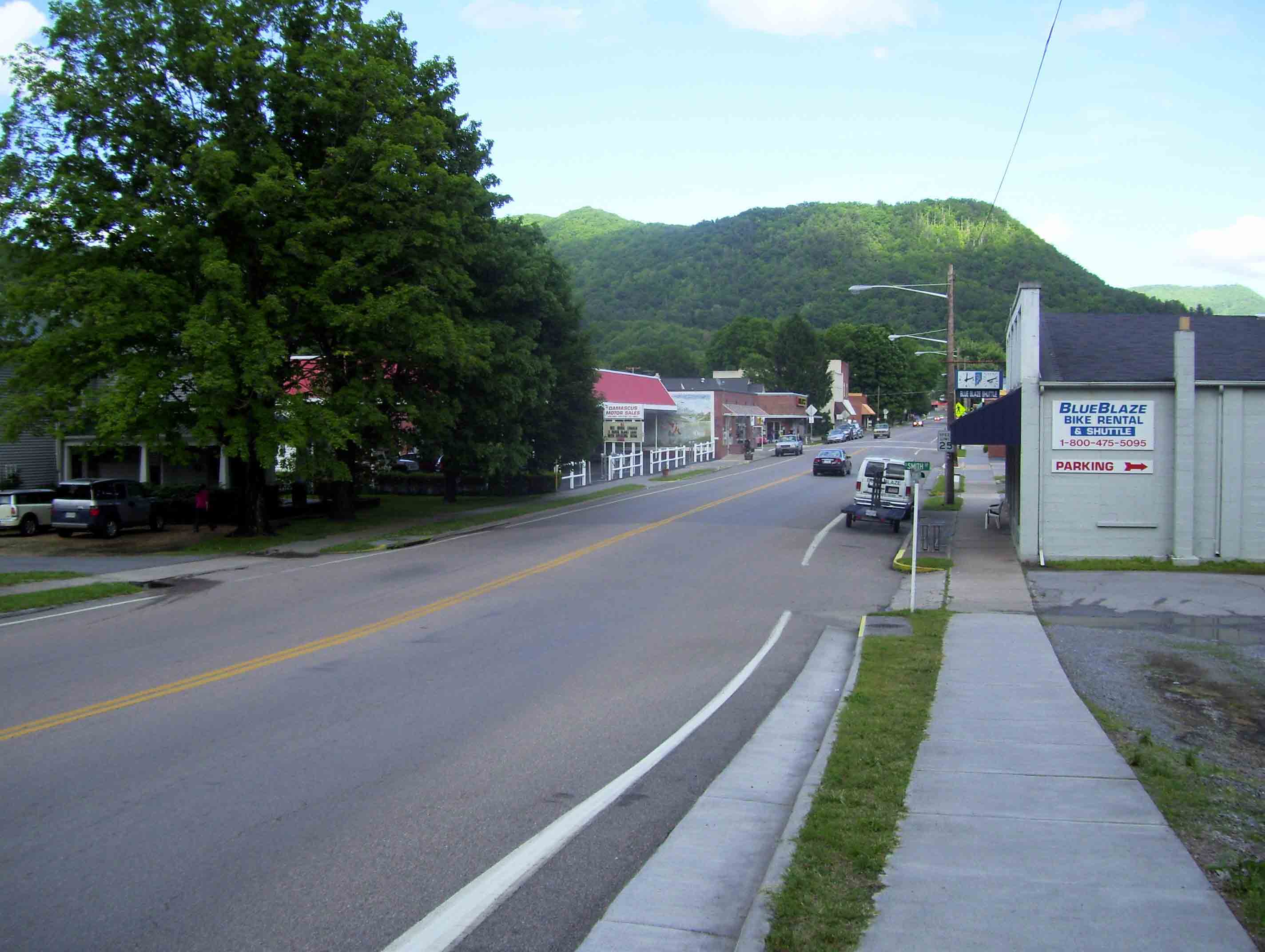 Looking east on Laurel Avenue (US 58) in Damascus, VA. This is the main street of the town. The AT follows it along the sidewalks. Taken from approx. mm 0.1. Note:  Even though this is TN/NC Section 1, the first 3.5 miles are actually in Virginia.   Courtesy dlcul@conncoll.edu