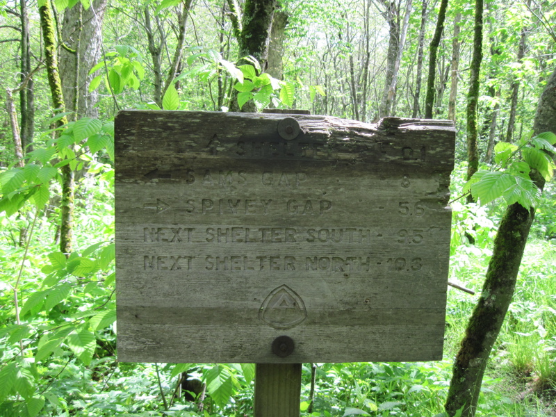mm  5.3  Sign (much the worse for wear) at the intersection of the trail to Bald Mountain Shelter.   Courtesy dlcul@conncoll.edu