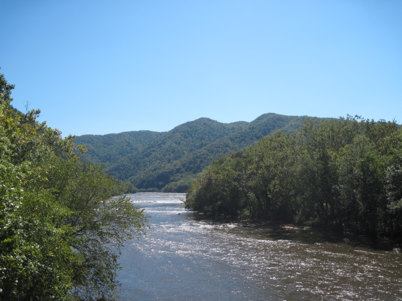 Looking south (upstream) from the US 25/ 70 highway bridge. The trail uses this bridge to cross the river on the east side of Hot Springs.  Courtesy dlcul@conncoll.edu