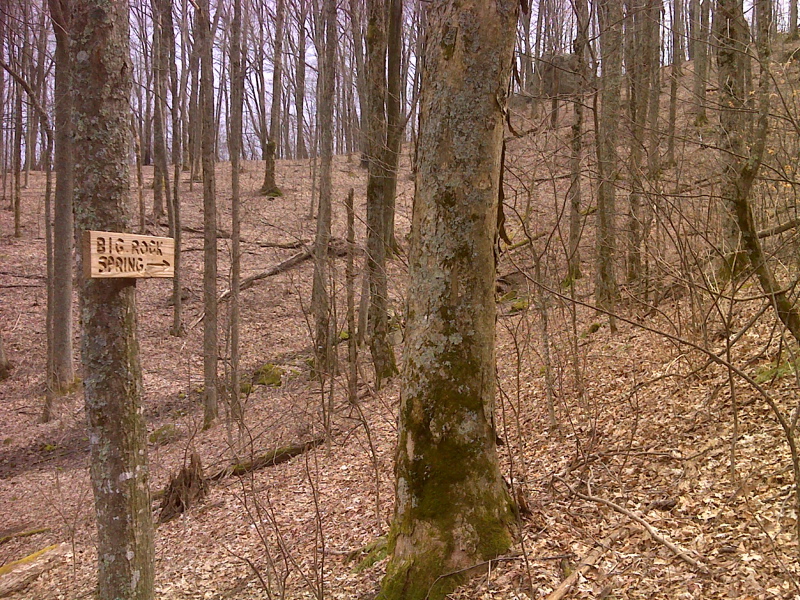 mm 9.1 Side trail to Big Rock Spring.  Note new sign.  Taken in March 2012. GPS 35.8501 W82.8984  Courtesy pjwetzel@gmail.com
