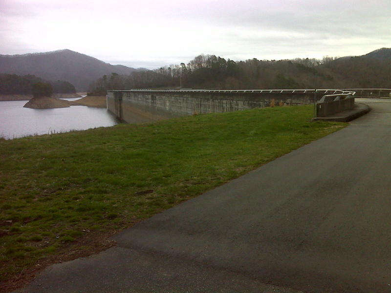 mm 40.3 The southbound AT approaches Fontana Dam. This is the official southern terminus of Section 40. The southbound trail continues across the dam into Section 19.  GPS N35.4528 W 83.8084  Courtesy pjwetzel@gmail.com