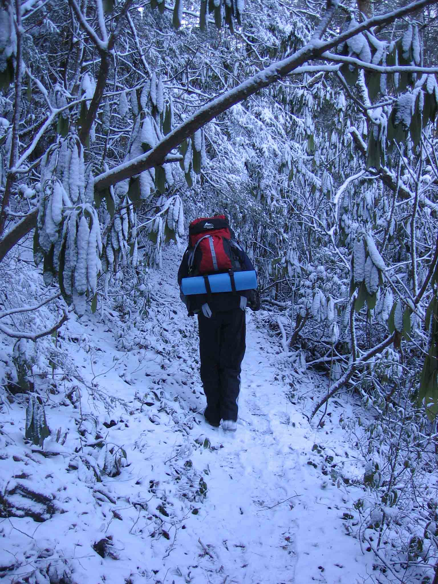 Terry hiking in the snow to Big Spring Shelter. 12/26/06.  Courtesy dsouth@mac.com