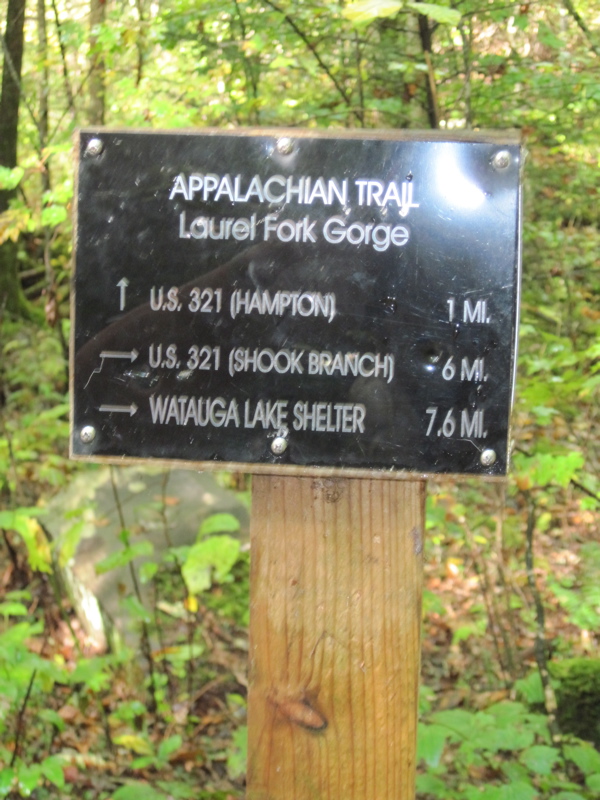 mm 10.4  Trail sign at the junction of the AT and the Hampton
Blueline Trail (aka the Laurel Fork Trail).   Courtesy dlcul@conncoll.edu