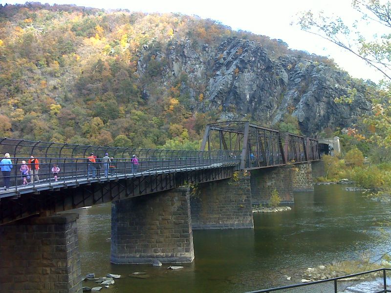 mm 0.0 Foot bridge across the Potomac in Harpers Ferry.  View is northbound into Maryland.  GPS N39.3234 W 77.7288  Courtesy pjwetzel@gmail.com