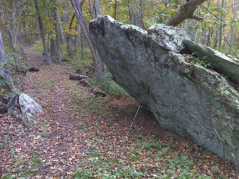 Big slanted rock along trail.  Nearby the trail comes close to Skyline Drive (MP 58.5).   This provides an unmarked access point.     GPS 38.4260 W78.4832  Courtesy pjwetzel@gmail.com