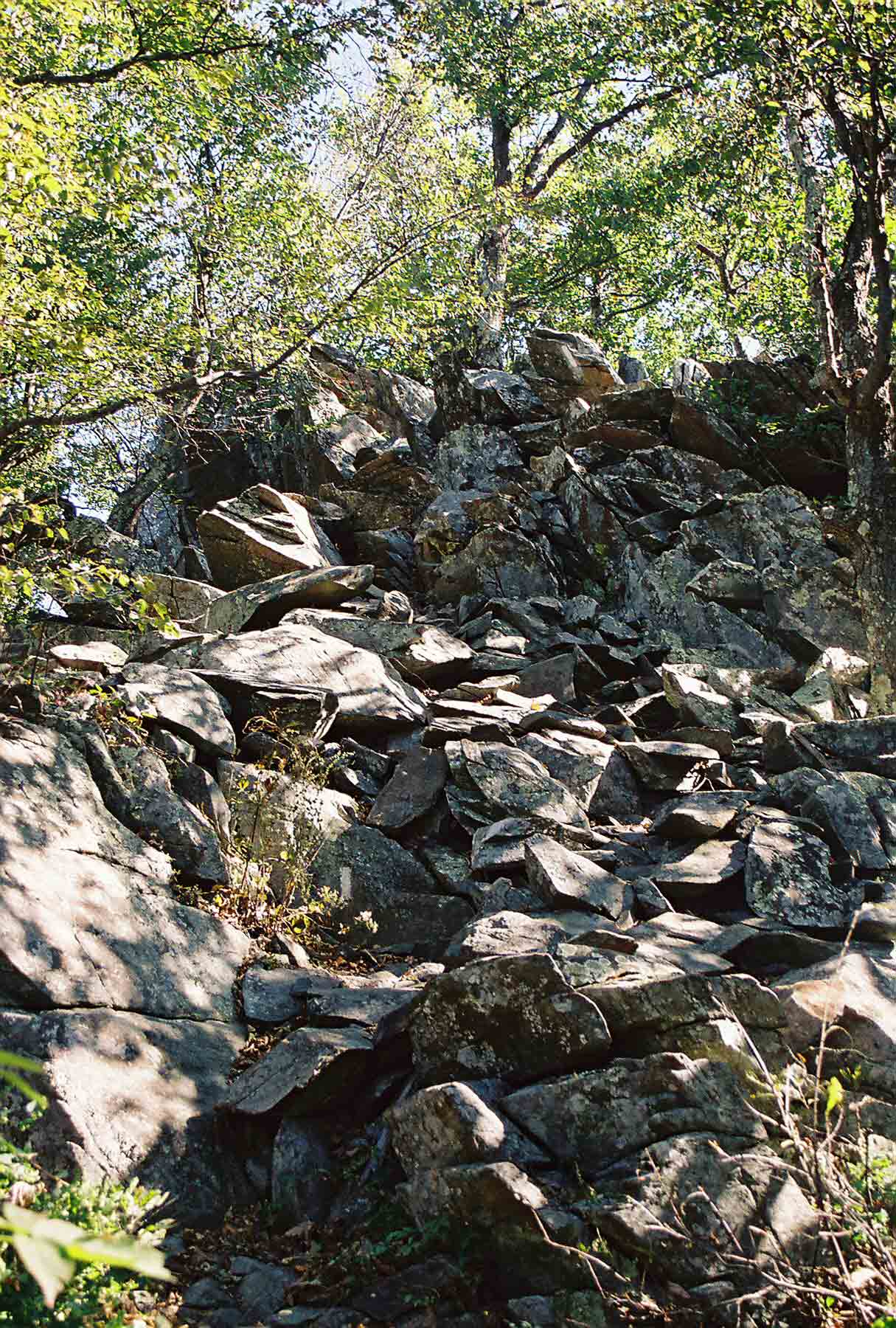 mm 13.4 - In 2003 the northbound AT climbed up these rocks to reach a good viewpoint on a ledge north of DrippingRock  Springs. The AT now bypasses this climb. The old route is blazed blue. Courtesy dlcul@conncoll.edu