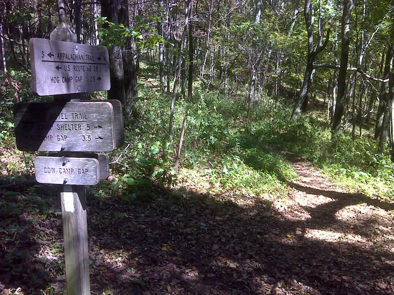 mm 4.7 Junction with the Old Hotel Trail in Cow Camp Gap. This blue-blazed trail leads to Cow Camp Gap Shelter in 0.6 miles. It is 3.7 miles to Hog Camp Gap.  This provides an alternative route to the AT.   GPS 37.7478 W79.2149  Courtesy pjwetzel@gmail.com