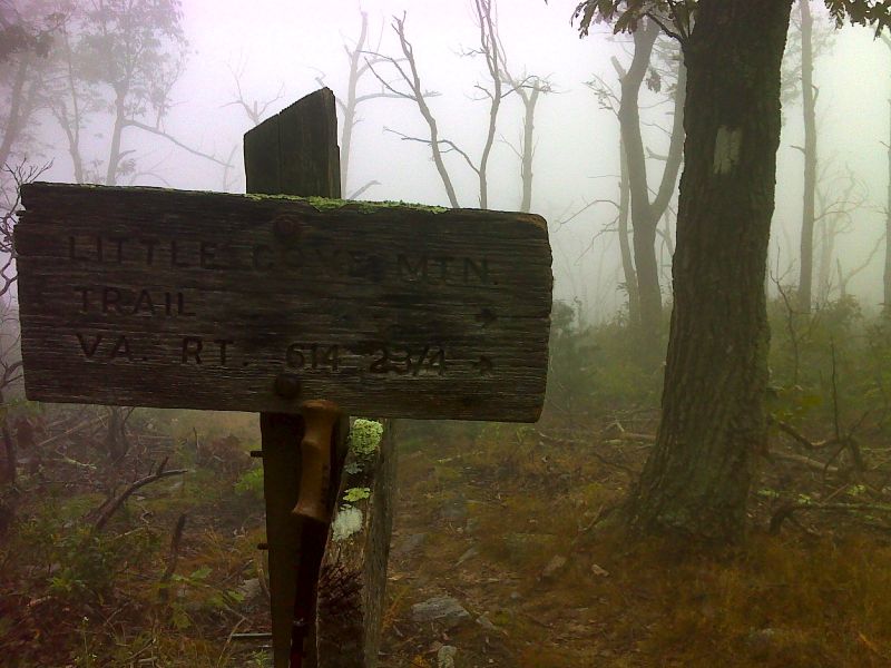 mm 4.6 Sign at junction with the Little Cove Mt Trail on a very foggy morning.  GPS N37.4971 W79.6489  Courtesy pjwetzel@gmail.com