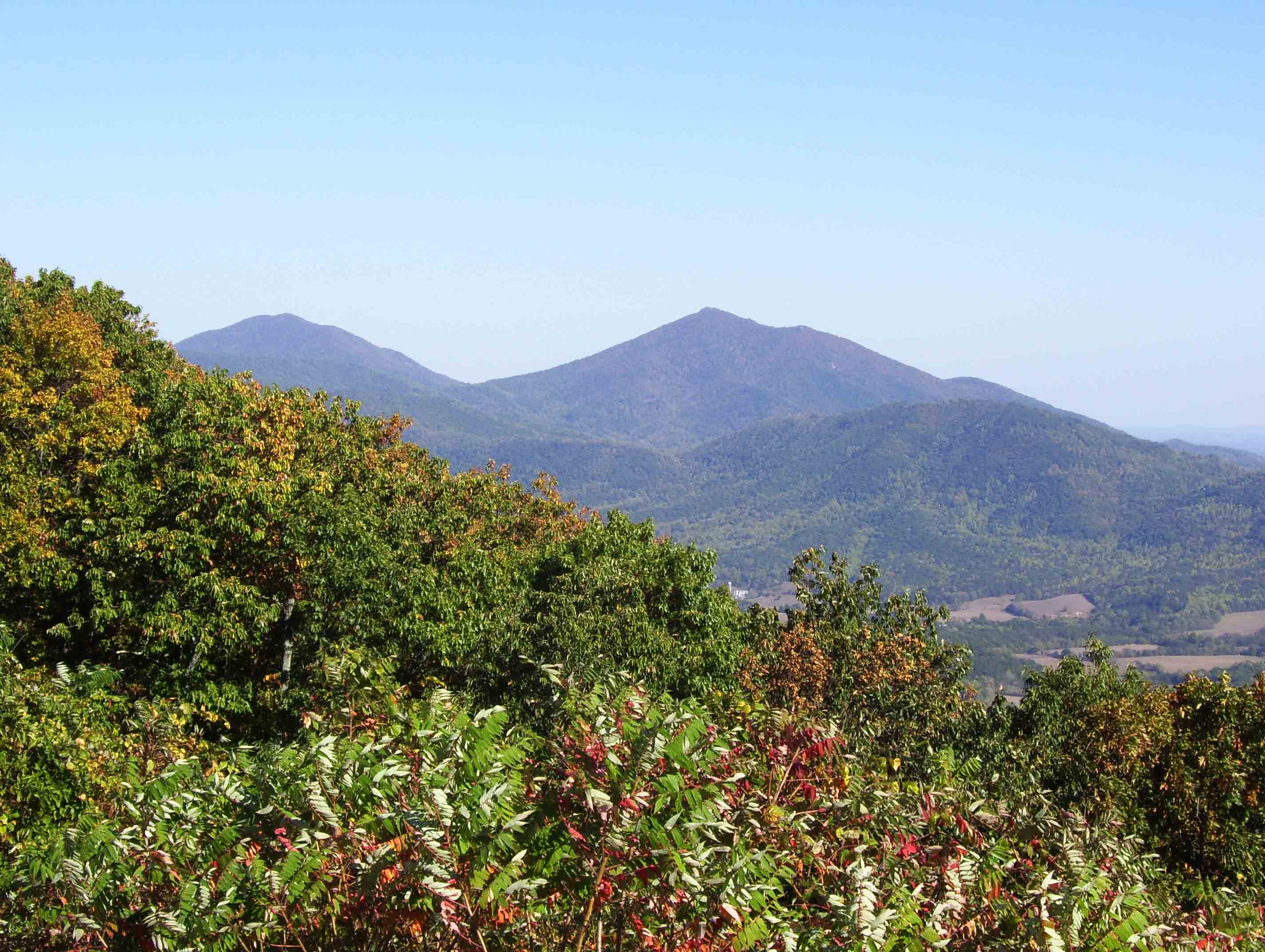 View of Peaks of Otter from Montvale Overlook (mile 6.2).  Courtesy dlcul@conncoll.edu