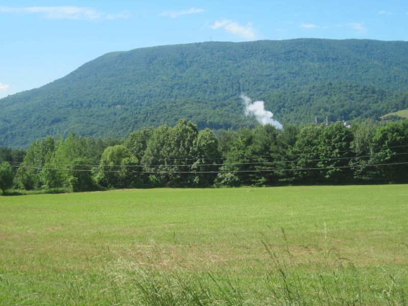 mm 17.9 View of  Pearis Mountain from field trail south of VA 641.  Smoke plume is from the Celanese plant.     Courtesy dlcul@concoll.edu