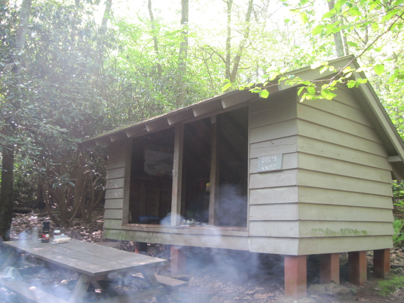 mm 9.8  Docs Knob Shelter.  A thru-hiker was attempting to start a fire with wet wood, hence the smoke visible in the picture. Courtesy dlcul@conncoll.edu