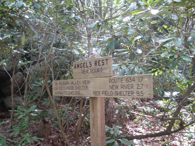mm 3.4  Trail sign at Angels Rest.  The northbound mileages (those to the right in the photo) do not match those in the newest (6th) edition of the AT Guide to Southwest Virginia.  Courtesy dlcul@conncoll.edu