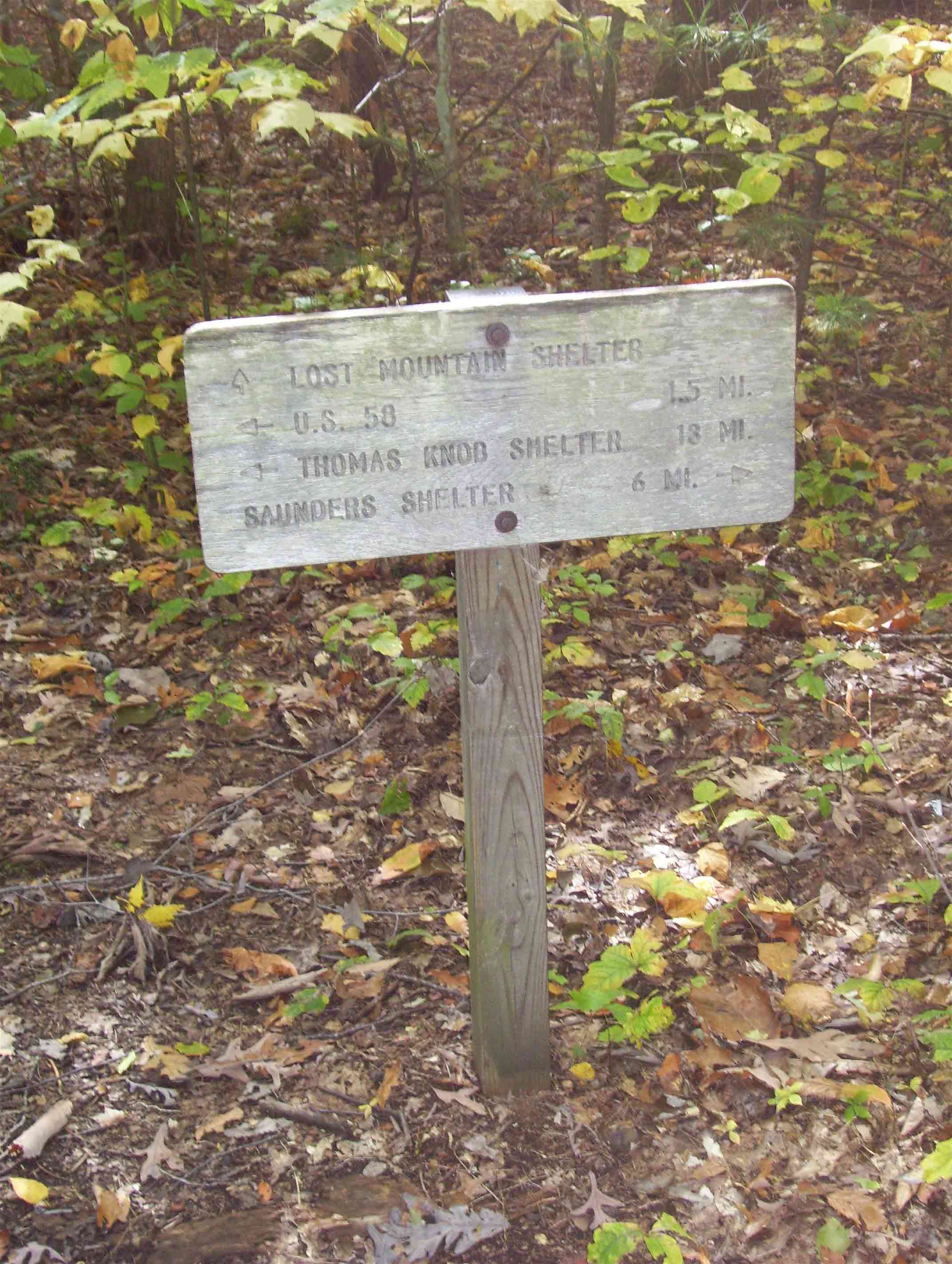 mm 1.1 Trail sign at intersection with trail to Lost Mountain Shelter.  Courtesy dlcul@conncoll.edu