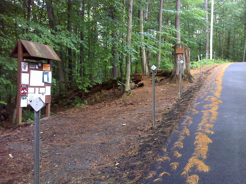 mm 1.8  Elm Street Trailhead.  Here the southbound trail leaves Elm St. in Norwich and enters the woods.  Recent paving has caused a steep drop-off eliminating this as a parking spot.  Reflector posts further  limit access to the pull-off.   GPS N43.7115 W72.3237  Courtesy pjwetzel@gmail.com